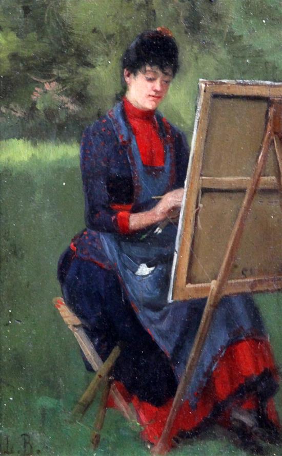 L.B. (19th C. French) Lady artist working en plein air, 9 x 5.75in.